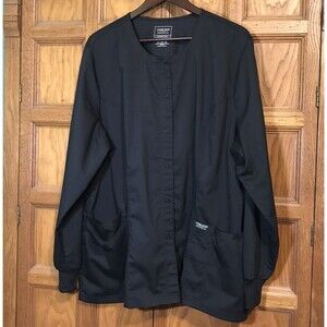 Cherokee Workwear Scrub Jacket Women's 2X Black Long Sleeved Snap Front Top